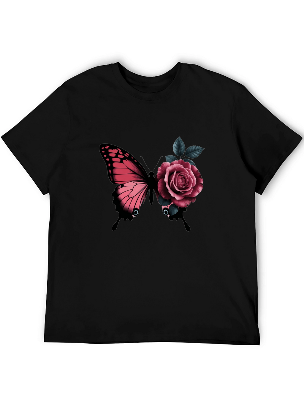 Butterfly & Rose Graphic Print Black T-Shirt