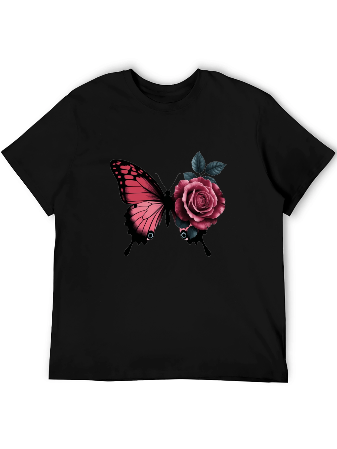 Butterfly & Rose Graphic Print Black T-Shirt
