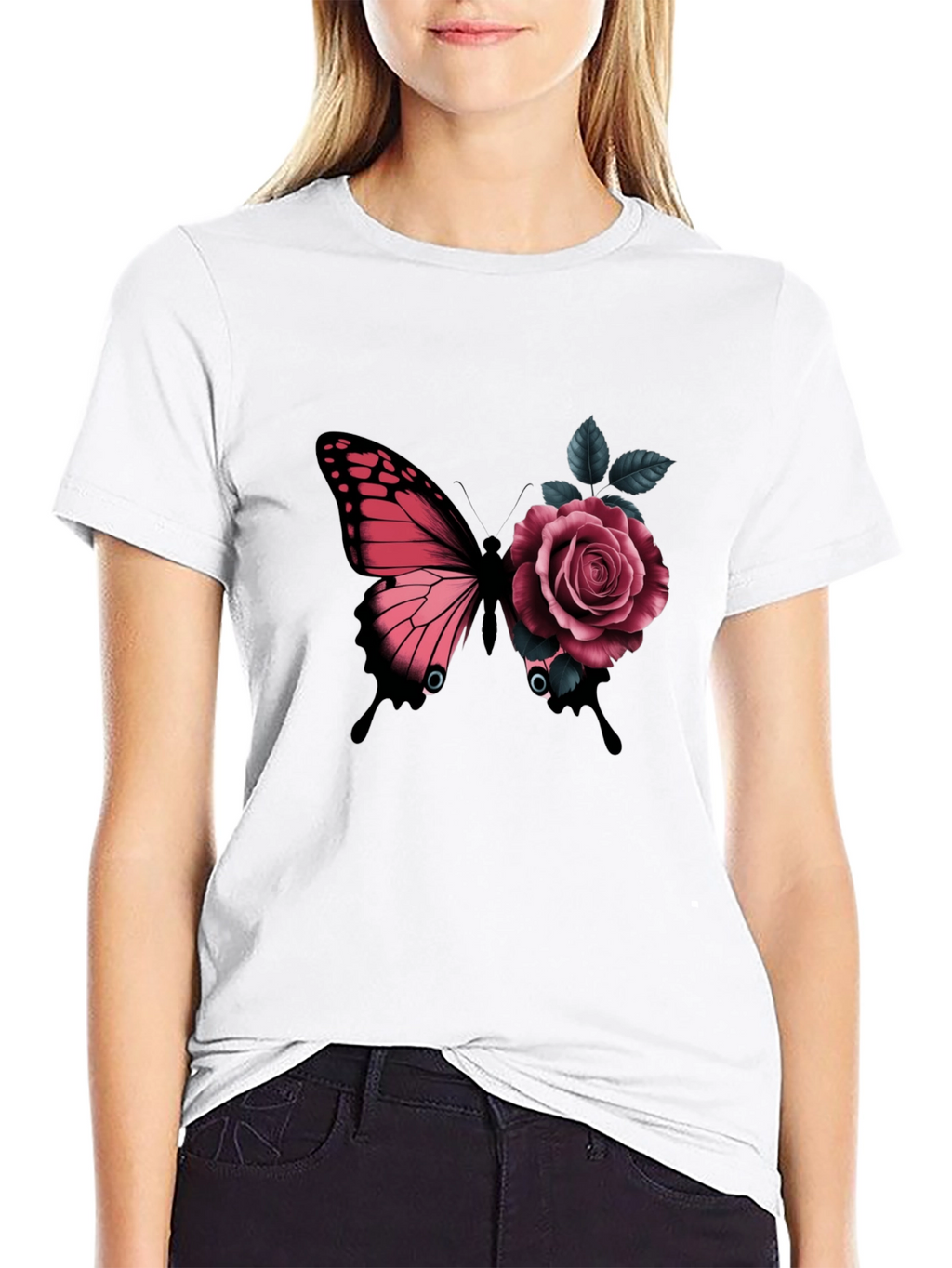 Butterfly & Rose Graphic Print Black T-Shirt