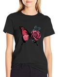 Butterfly & Rose Graphic Print Black T-Shirt