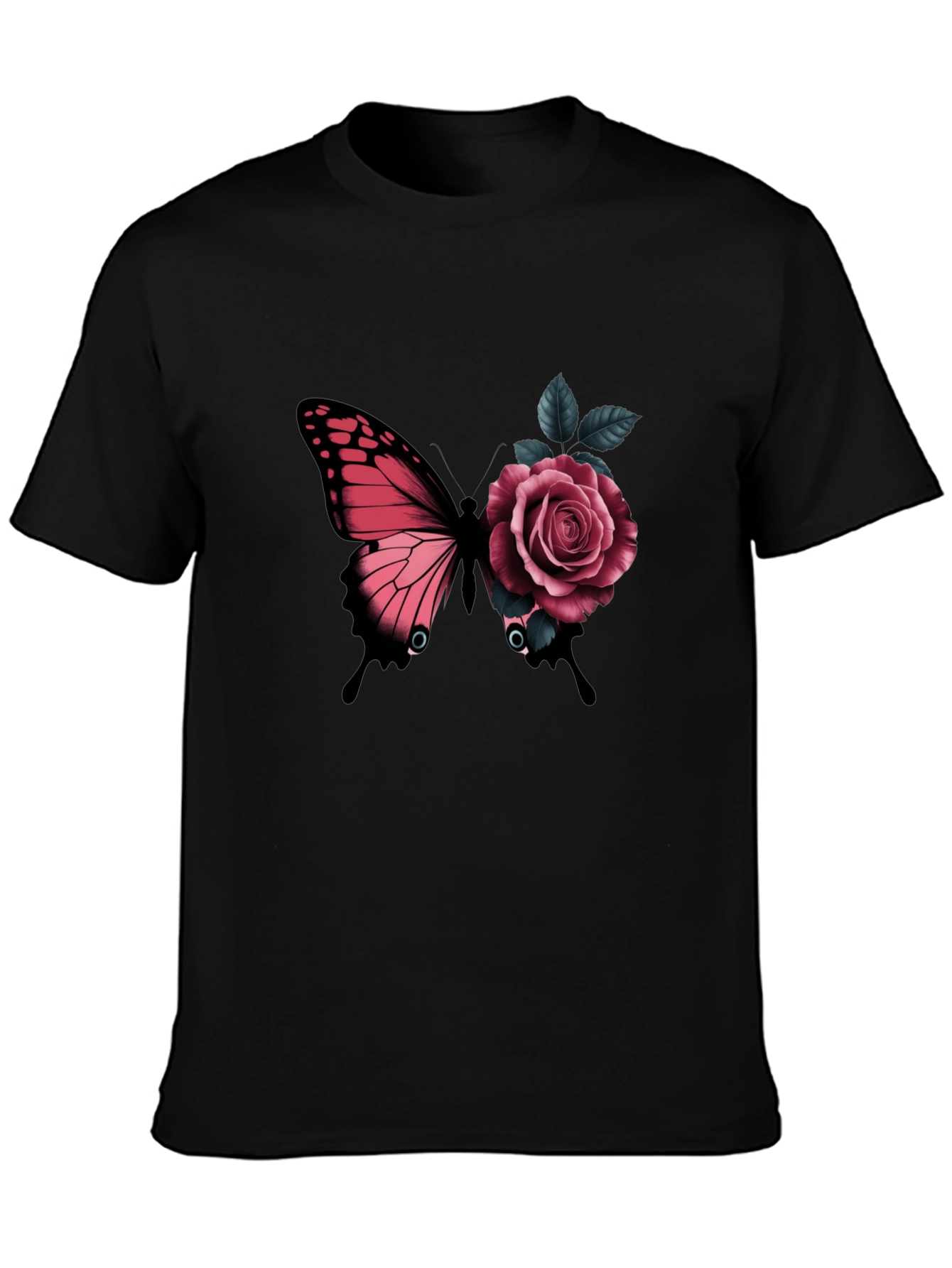 Butterfly & Rose Graphic Print Black T-Shirt