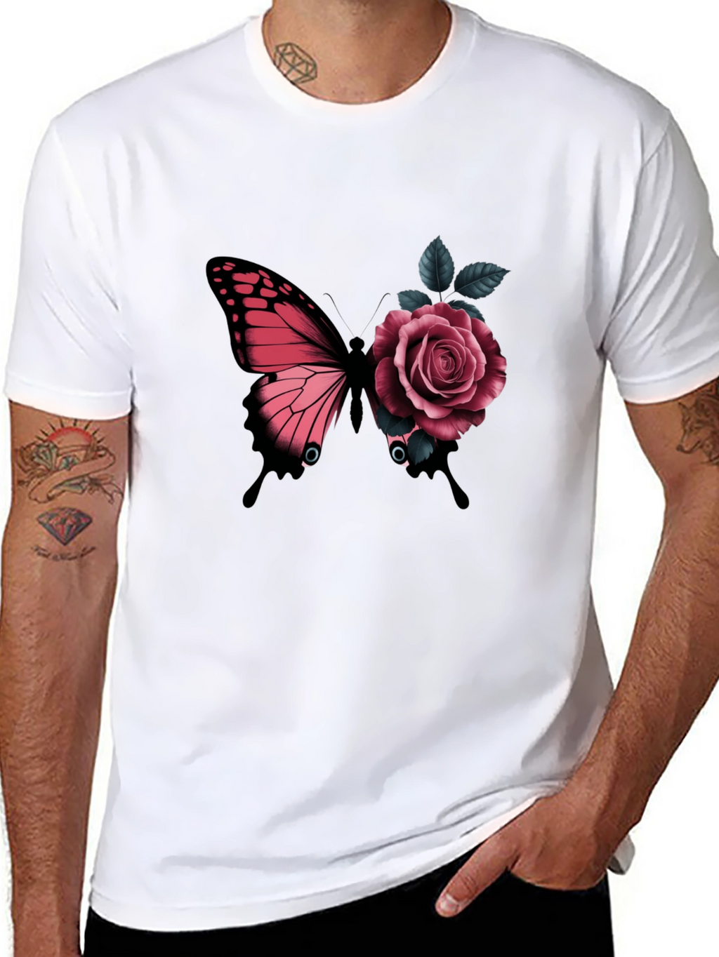 Butterfly & Rose Graphic Print Black T-Shirt