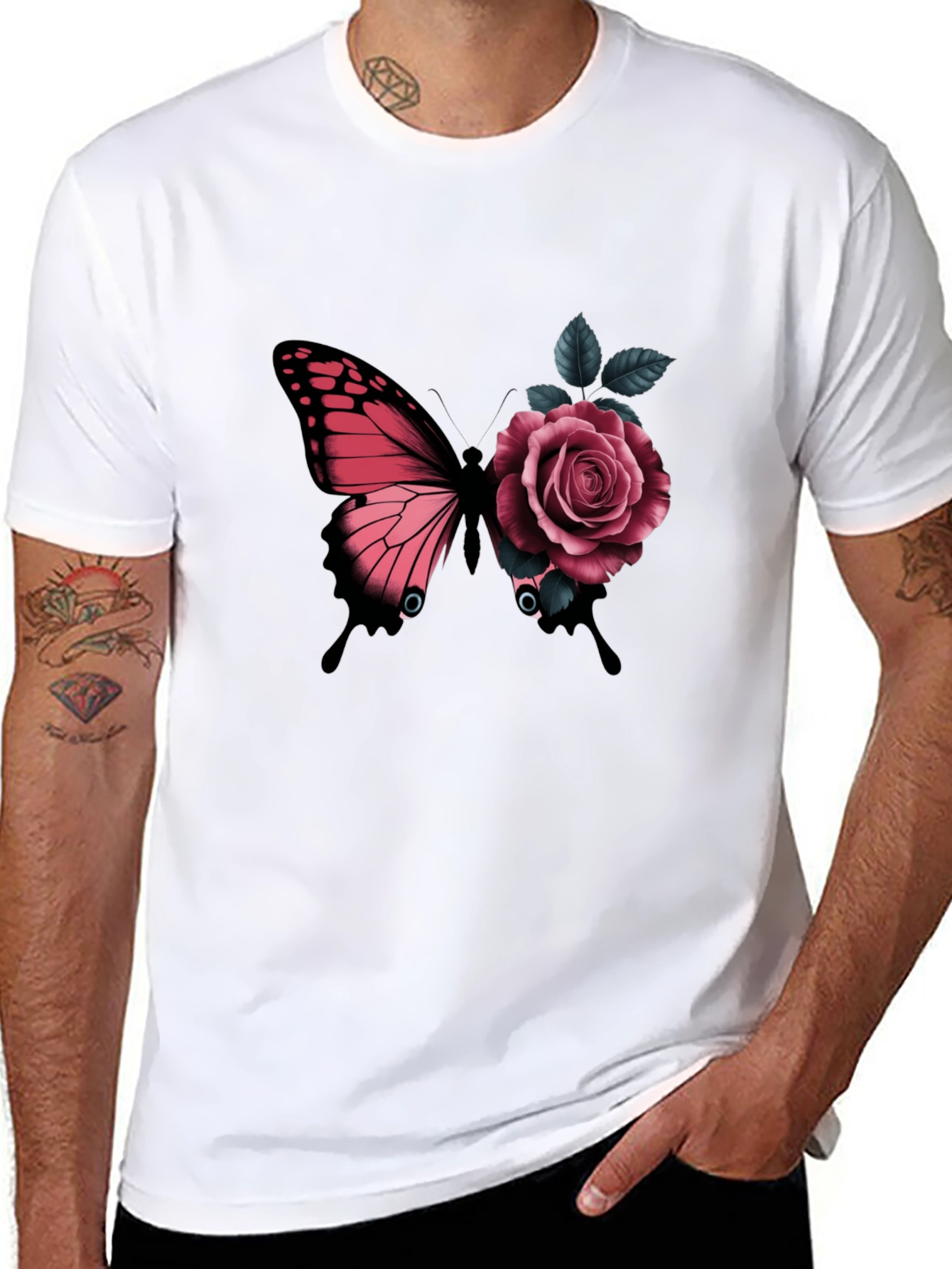 Butterfly & Rose Graphic Print Black T-Shirt
