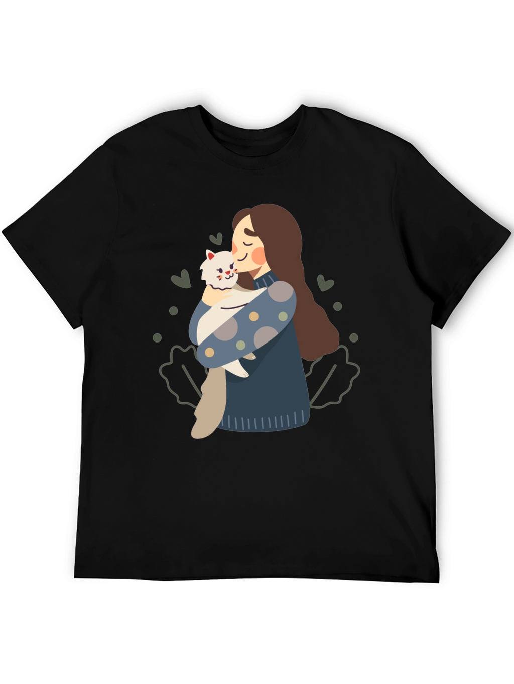 Cute Woman and Cat Graphic Tee - Black