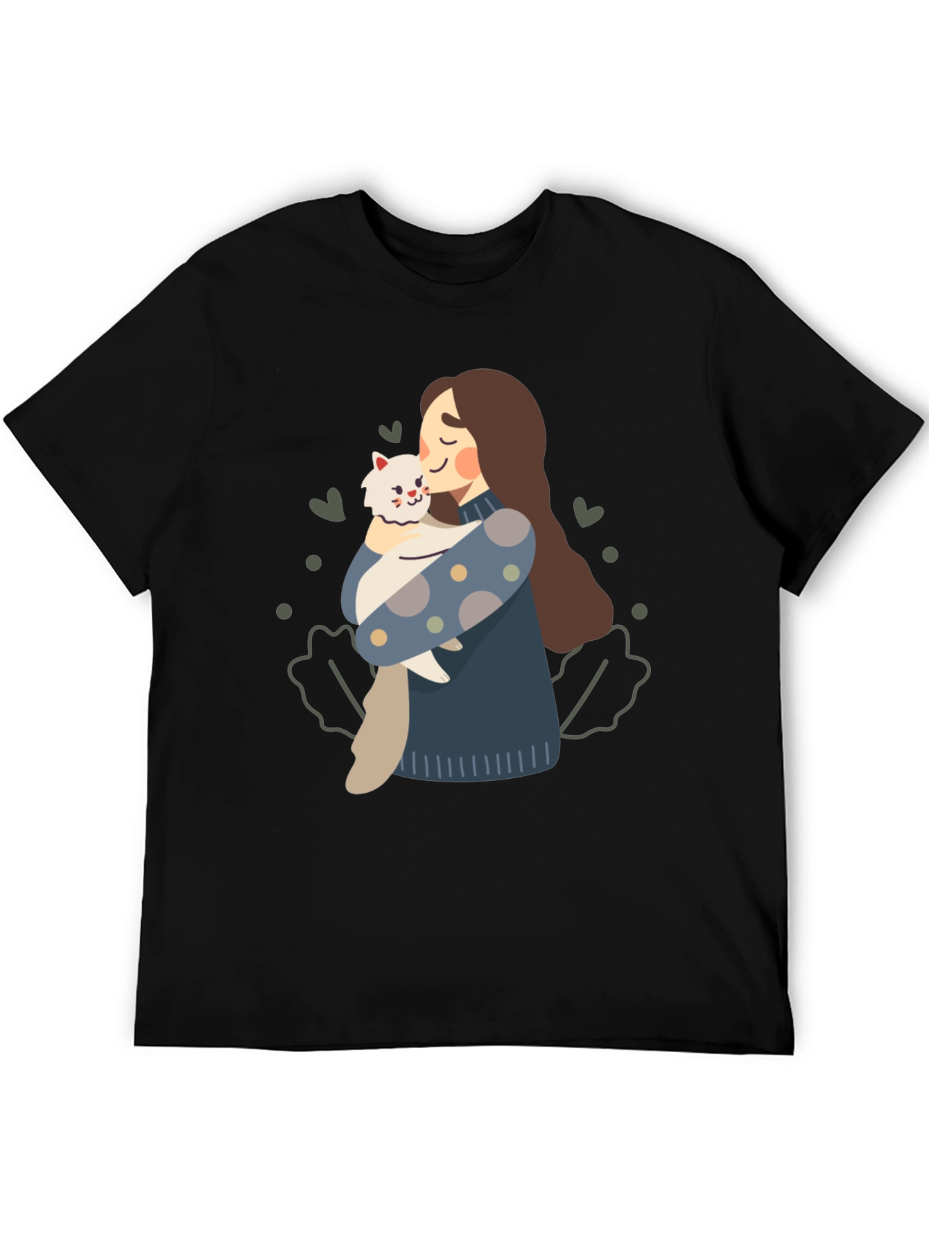 Cute Woman and Cat Graphic Tee - Black