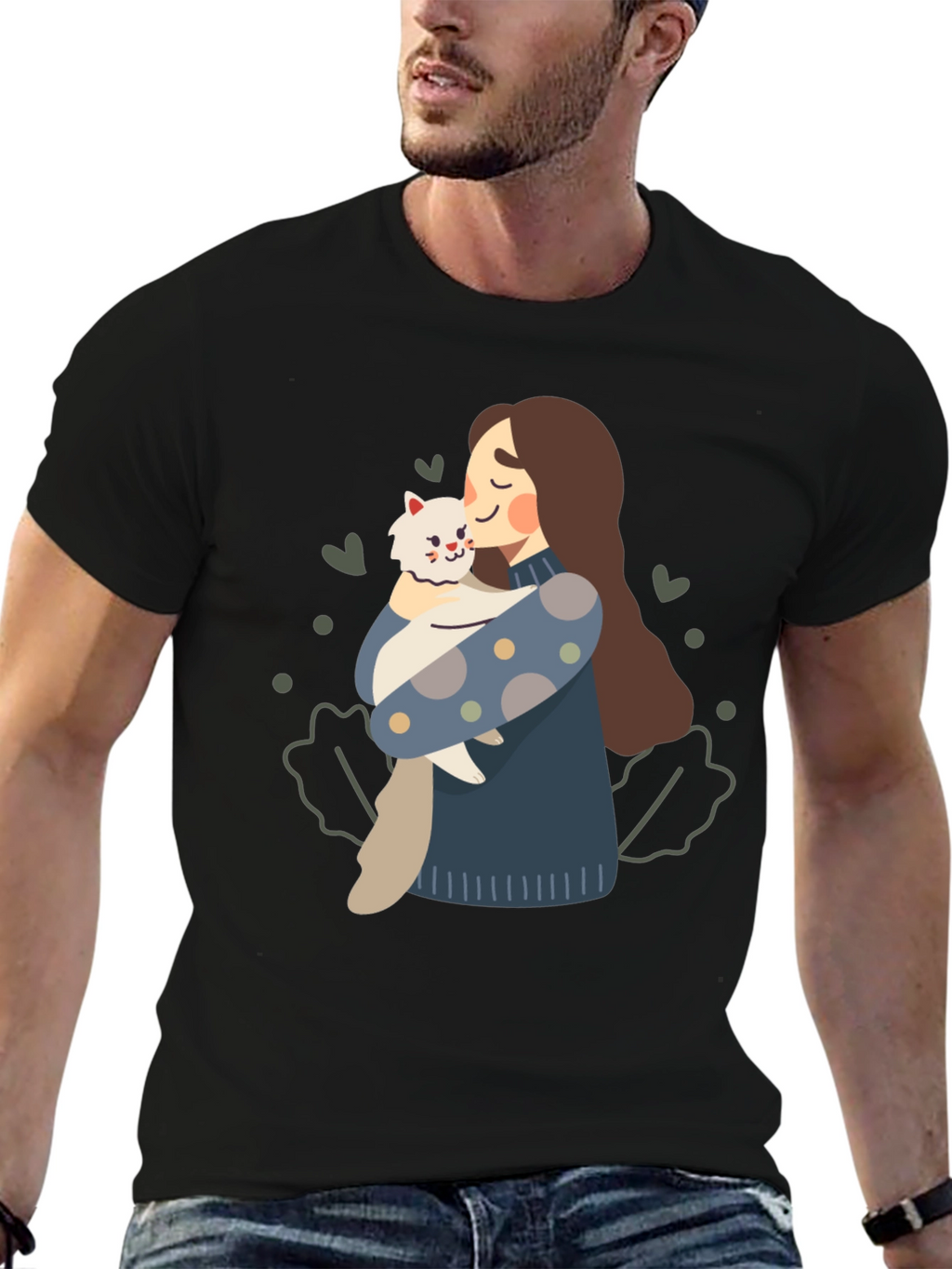 Cute Woman and Cat Graphic Tee - Black