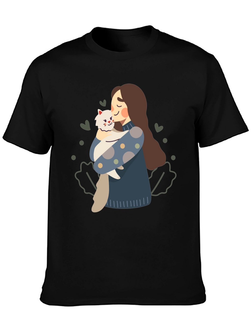 Cute Woman and Cat Graphic Tee - Black