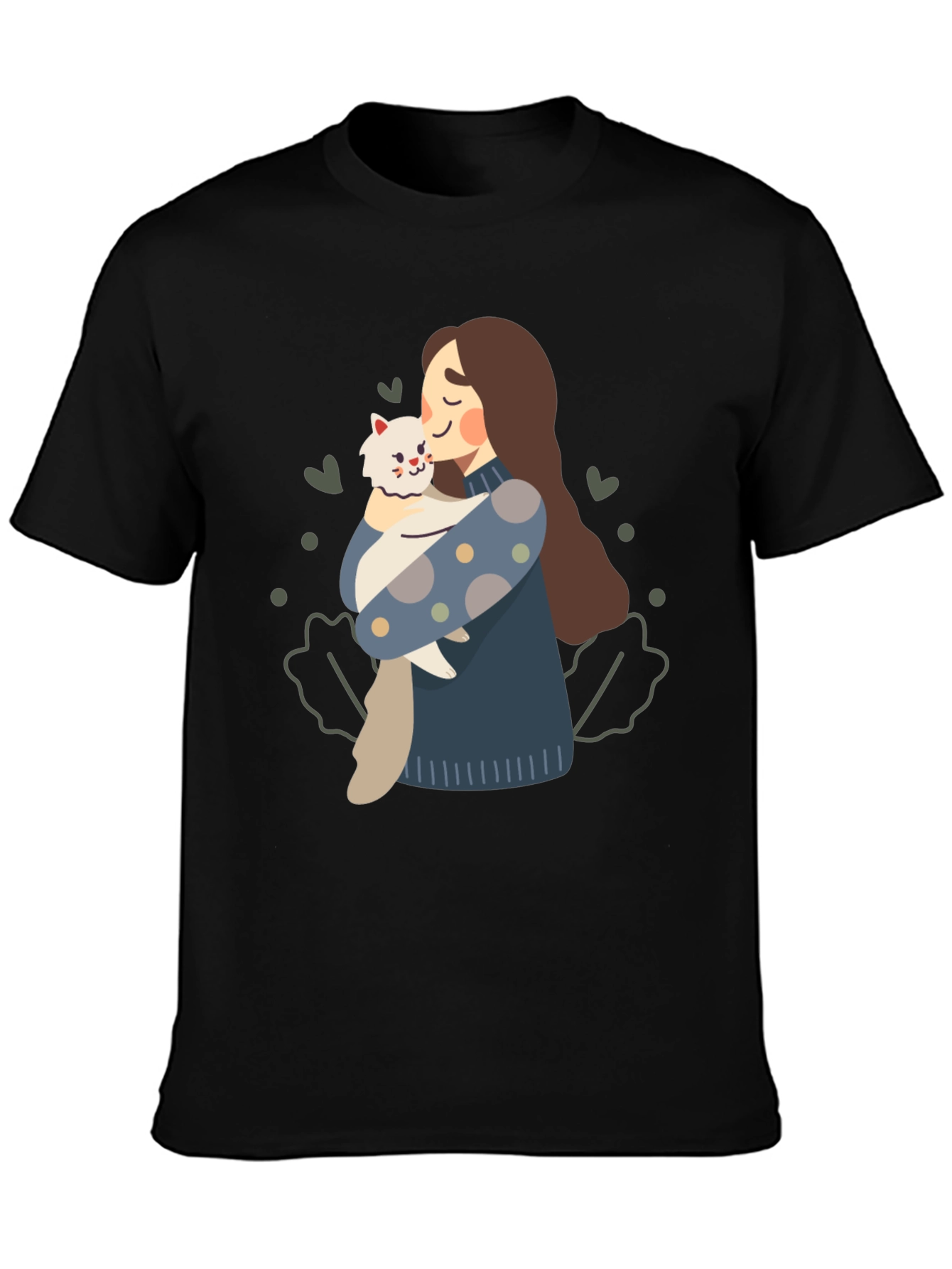 Cute Woman and Cat Graphic Tee - Black
