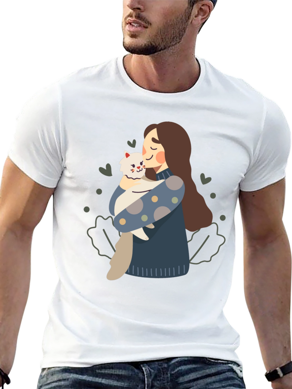 Cute Woman and Cat Graphic Tee - Black