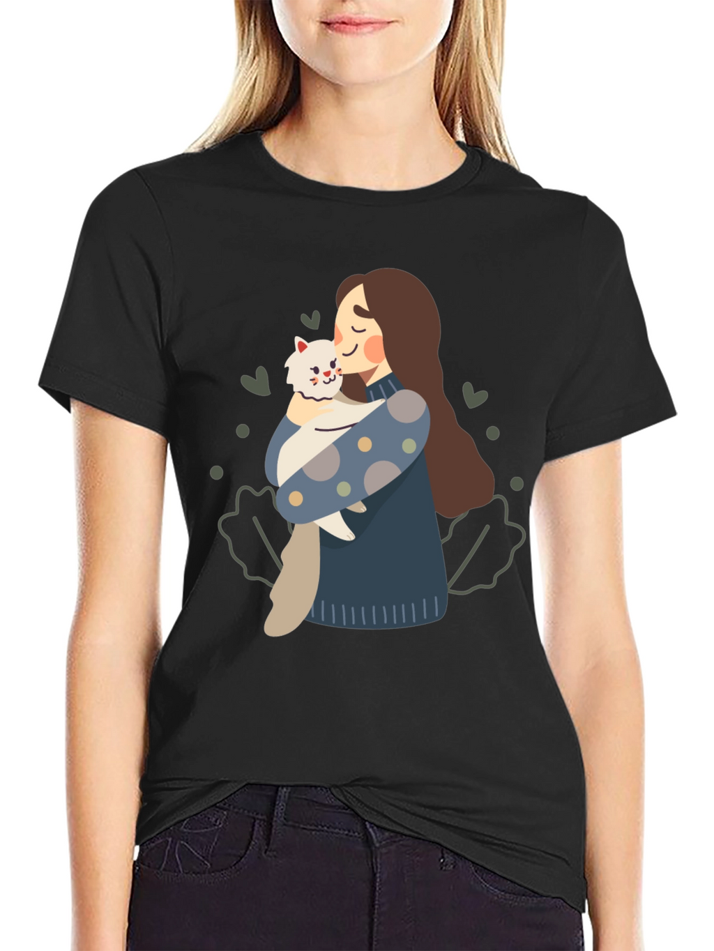 Cute Woman and Cat Graphic Tee - Black