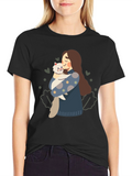 Cute Woman and Cat Graphic Tee - Black