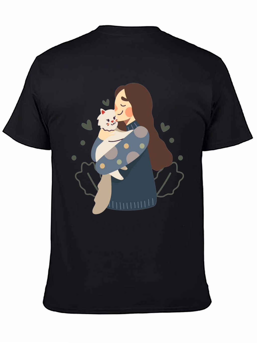 Cute Woman and Cat Graphic Tee - Black