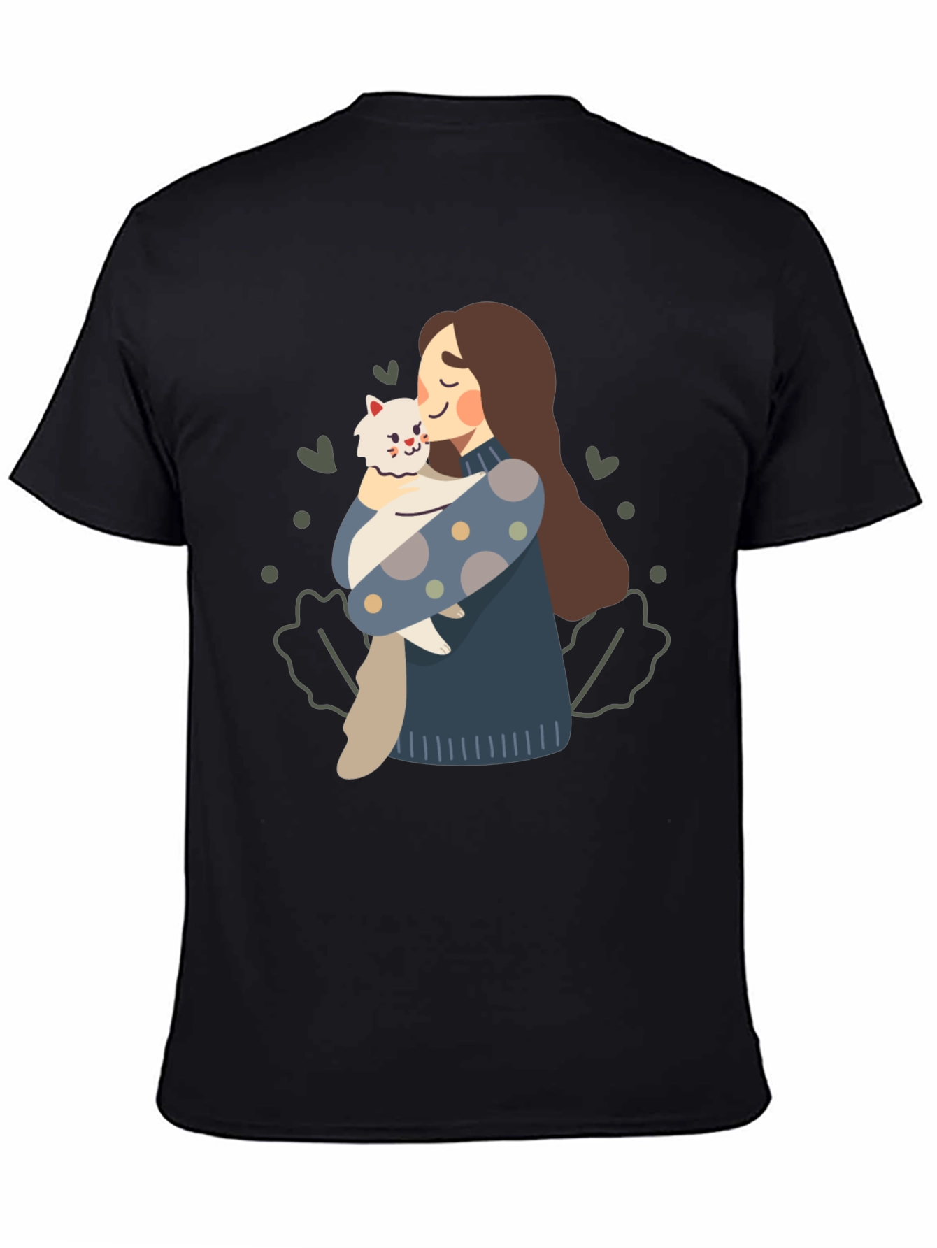 Cute Woman and Cat Graphic Tee - Black