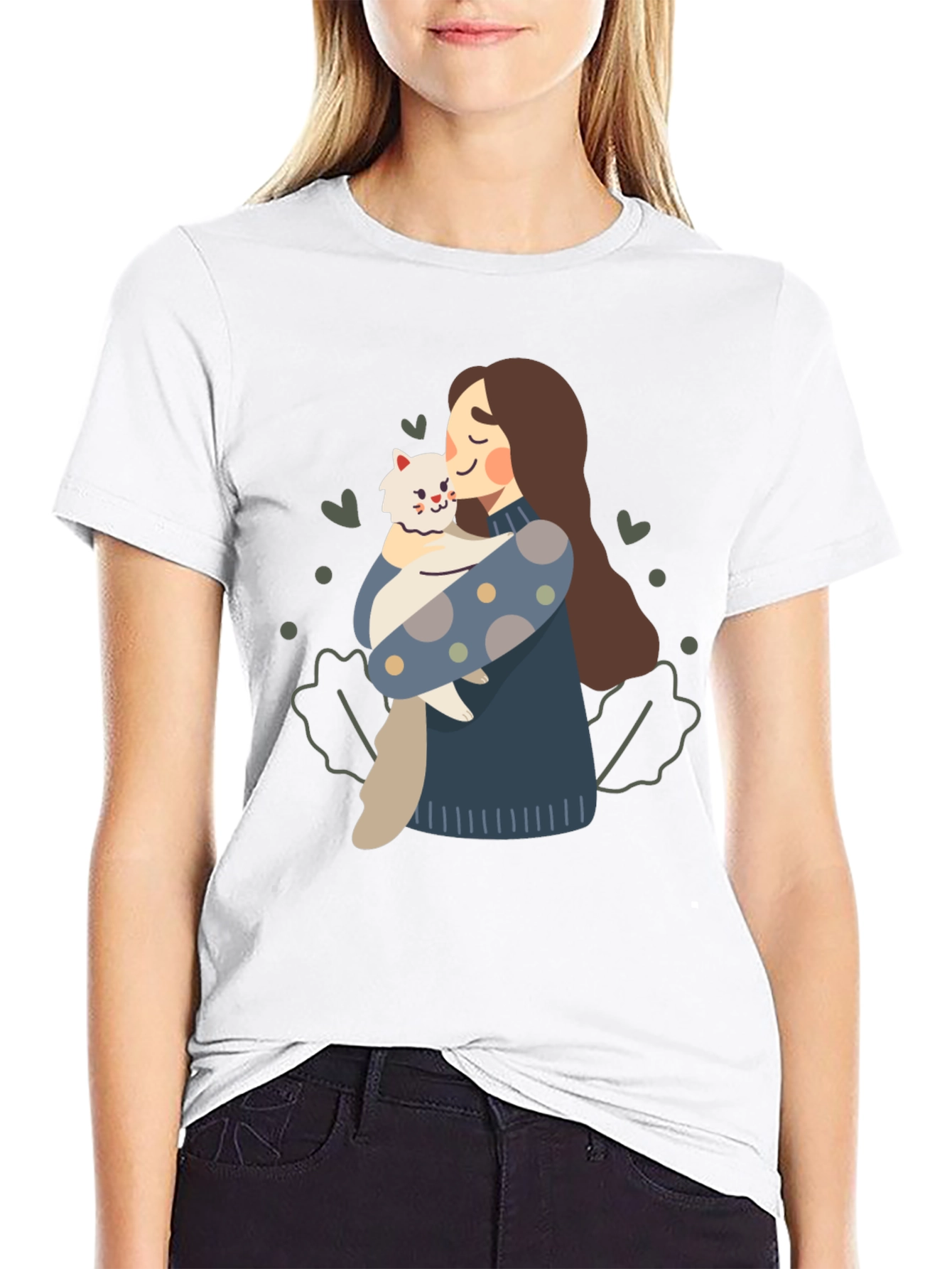 Cute Woman and Cat Graphic Tee - Black