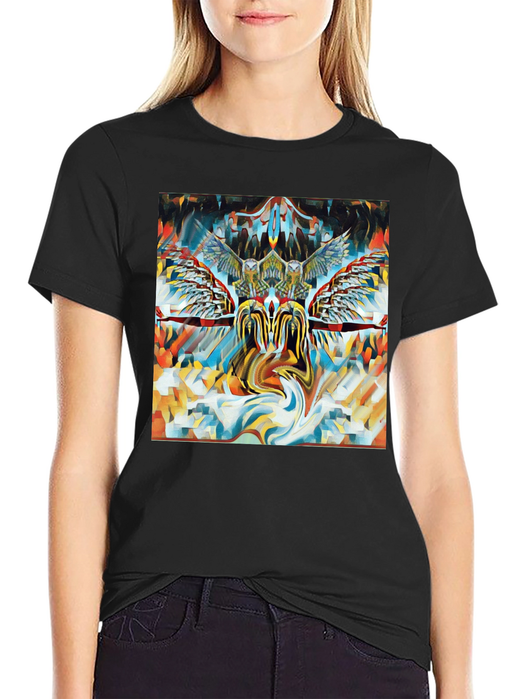 Artistic Owl Graphic Print Black T-Shirt