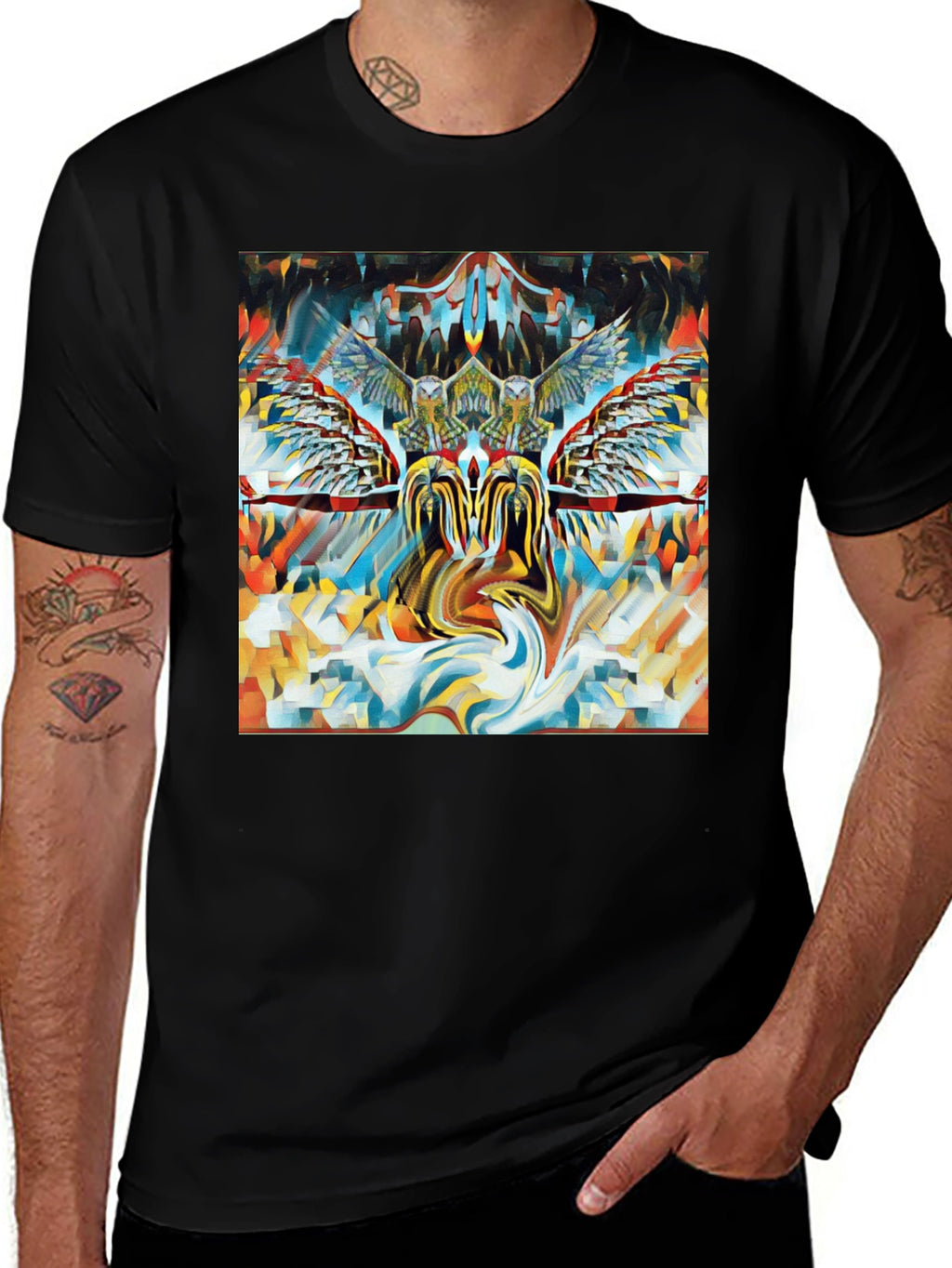 Artistic Owl Graphic Print Black T-Shirt