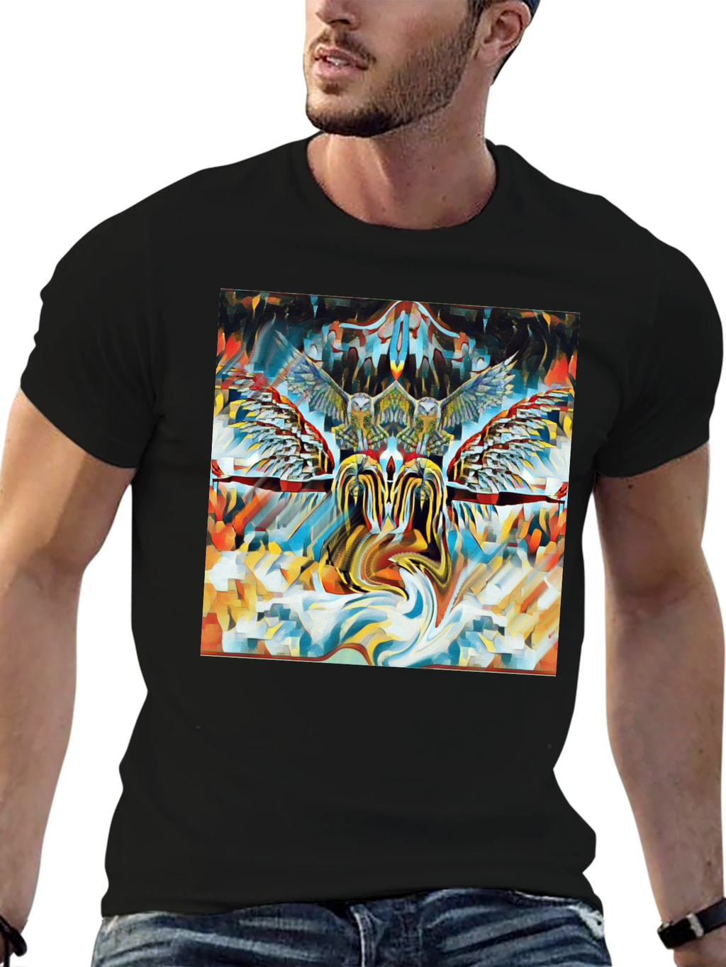 Artistic Owl Graphic Print Black T-Shirt