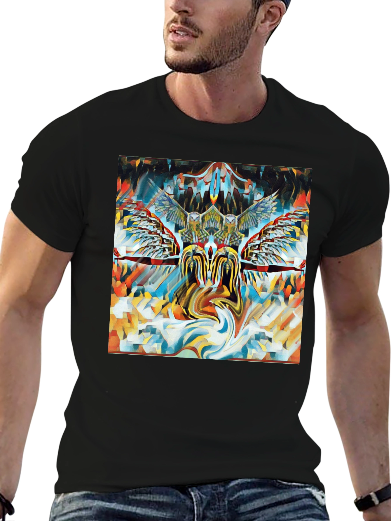 Artistic Owl Graphic Print Black T-Shirt
