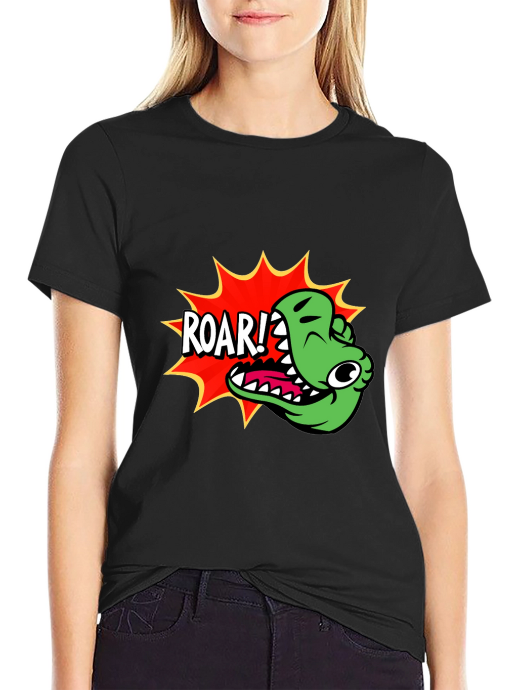 Roar! Cartoon Dinosaur Graphic Black T-Shirt