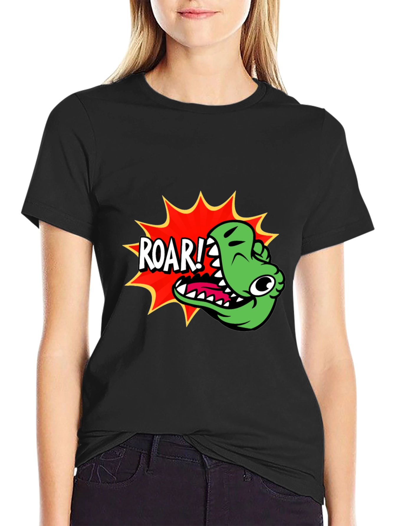 Roar! Cartoon Dinosaur Graphic Black T-Shirt