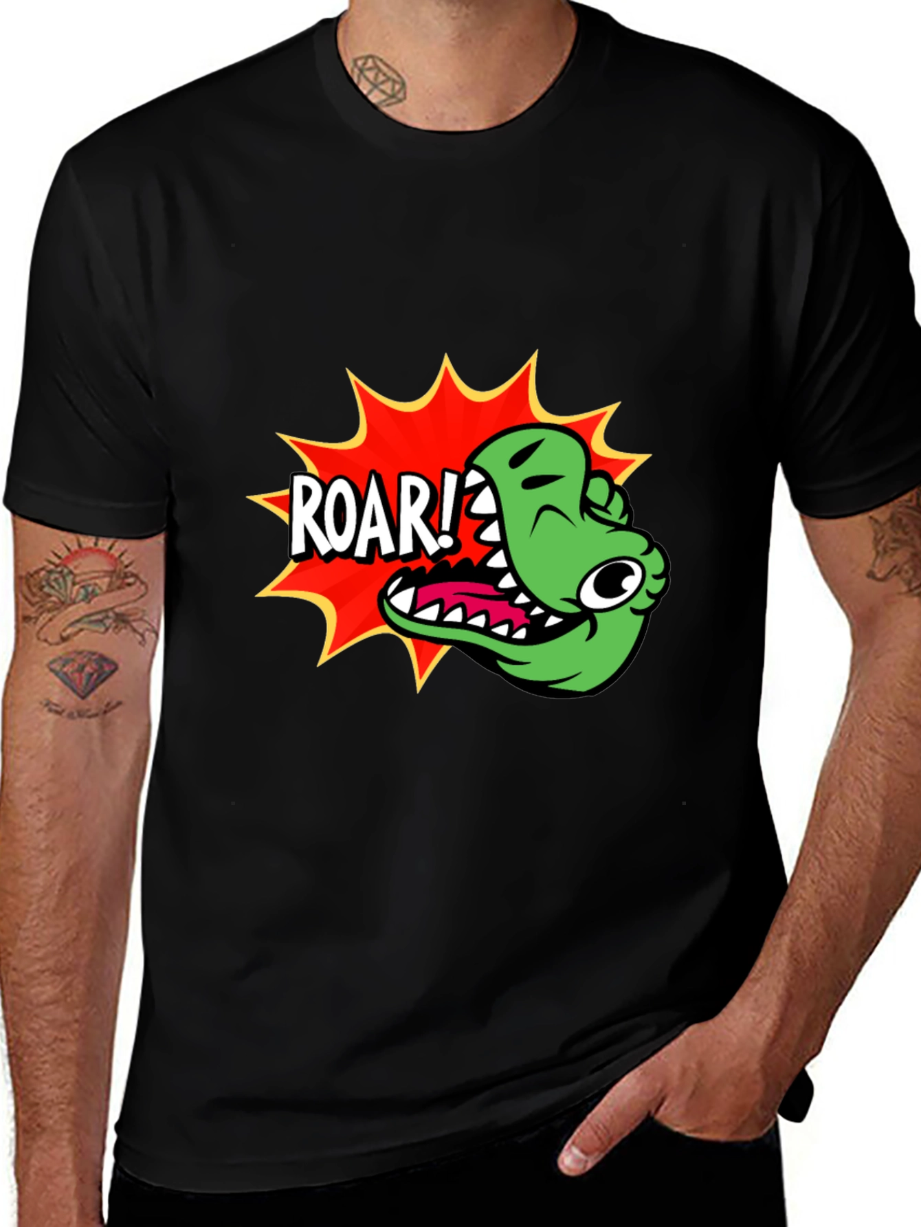 Roar! Cartoon Dinosaur Graphic Black T-Shirt