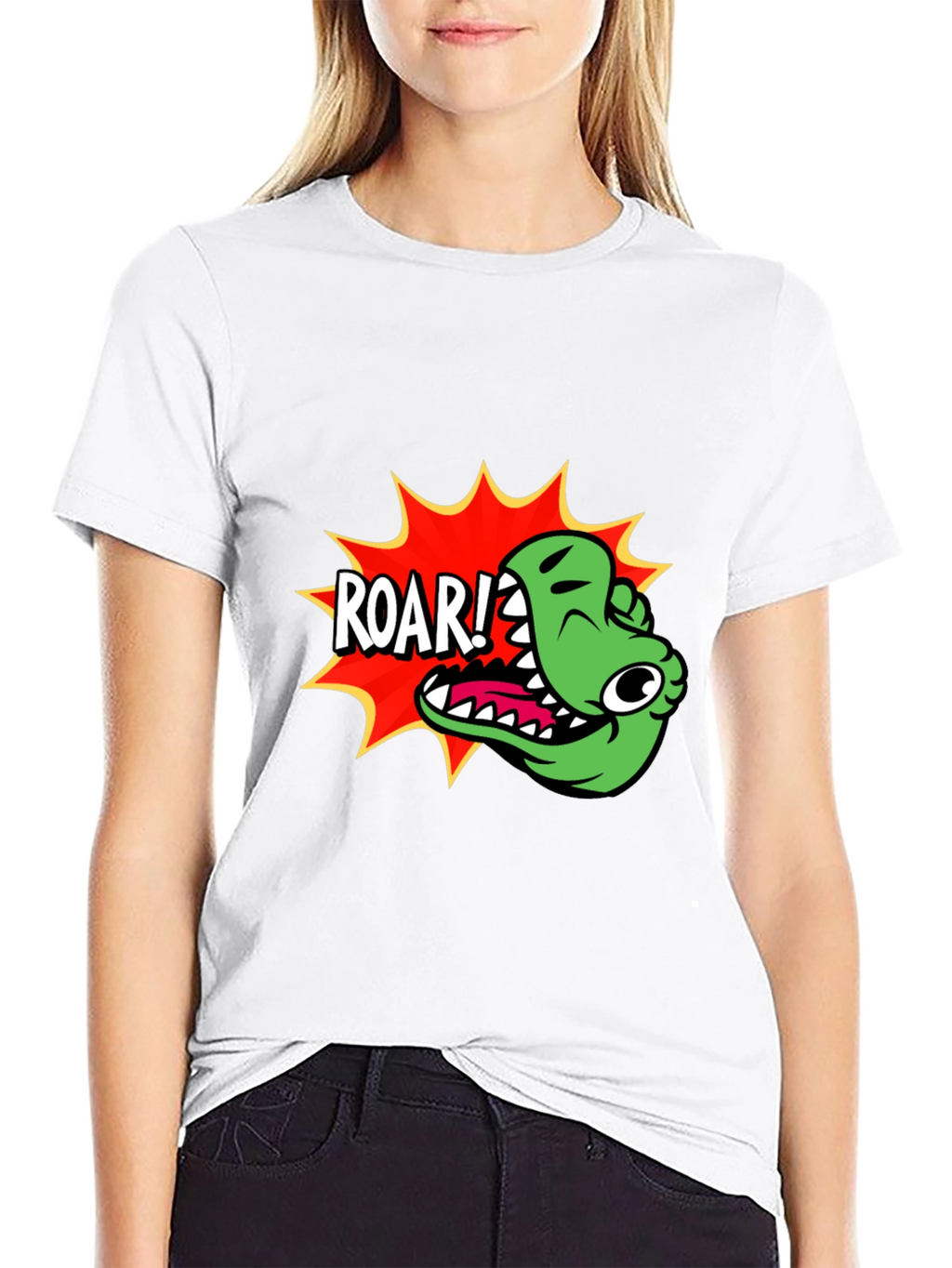 Roar! Cartoon Dinosaur Graphic Black T-Shirt
