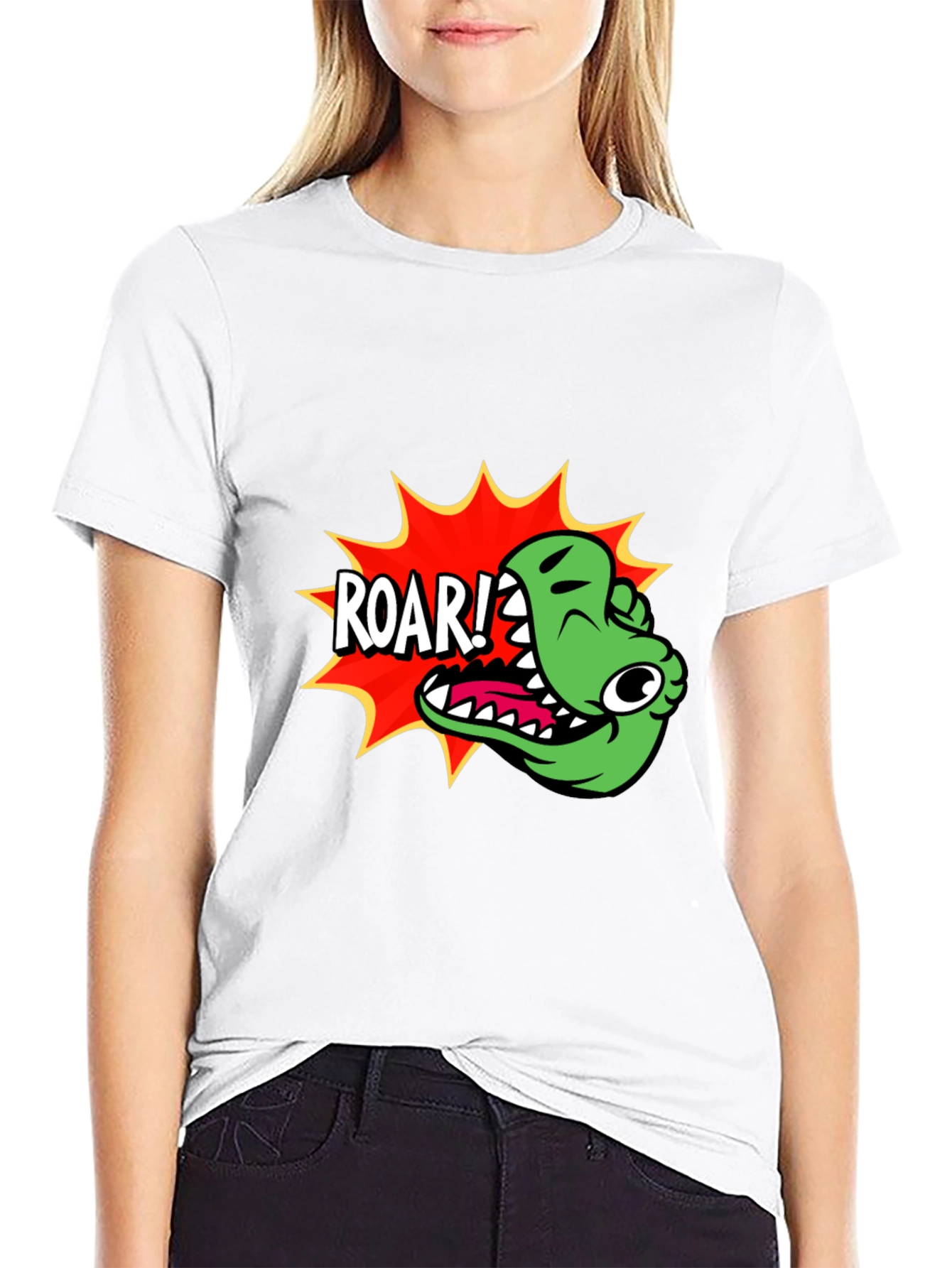 Roar! Cartoon Dinosaur Graphic Black T-Shirt