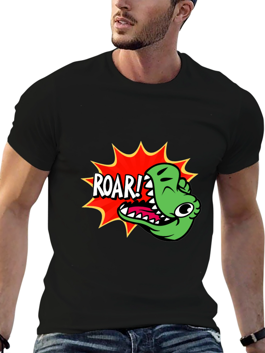 Roar! Cartoon Dinosaur Graphic Black T-Shirt