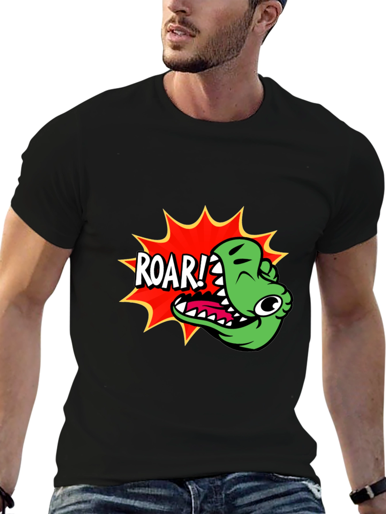 Roar! Cartoon Dinosaur Graphic Black T-Shirt