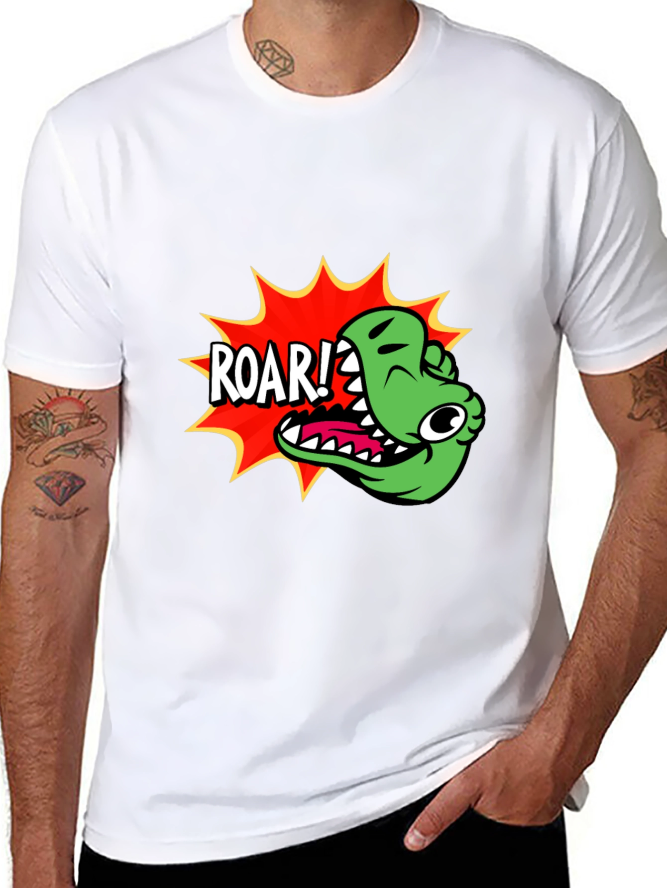 Roar! Cartoon Dinosaur Graphic Black T-Shirt