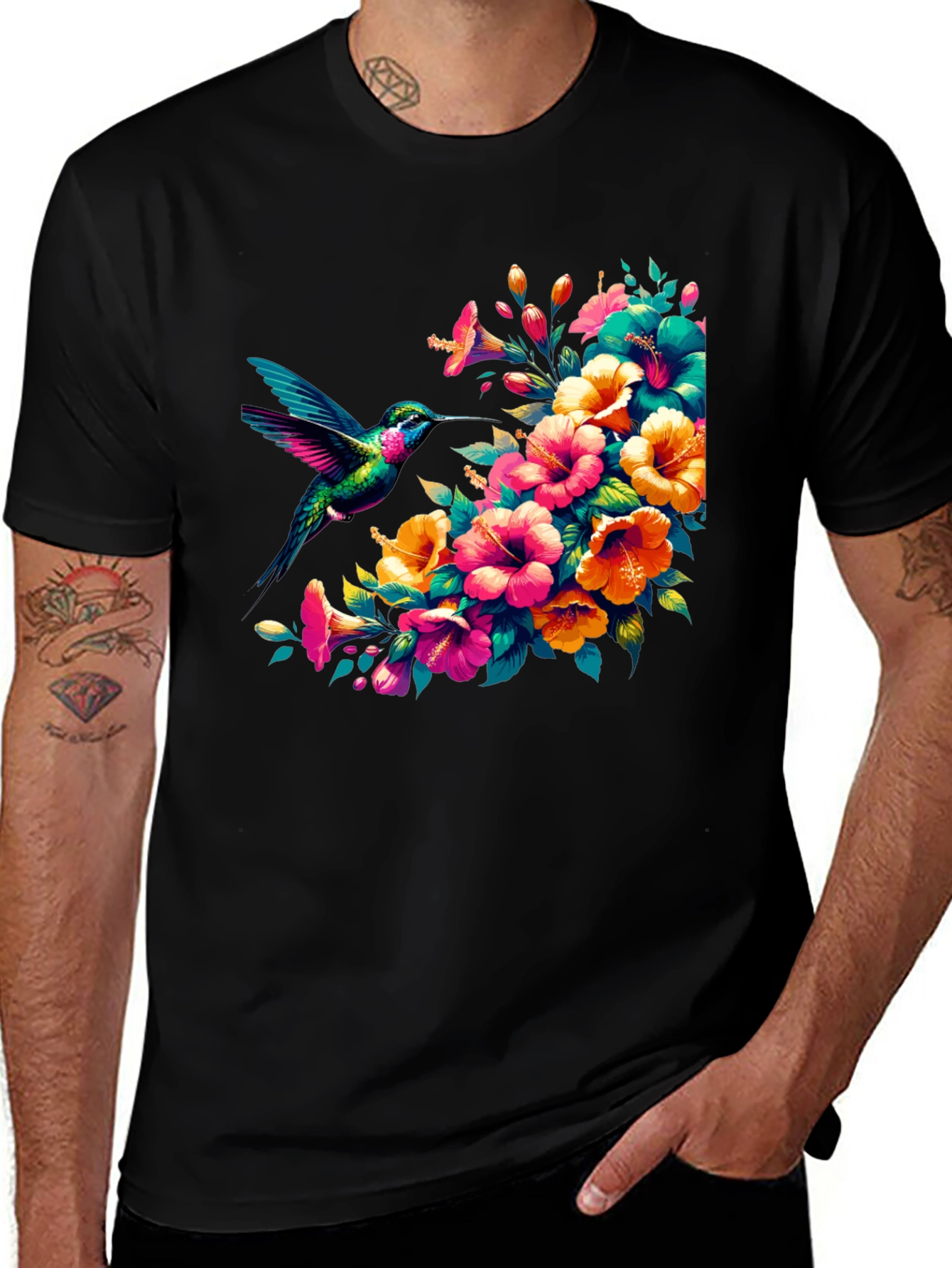 Hummingbird & Floral Graphic Tee - Vibrant Print