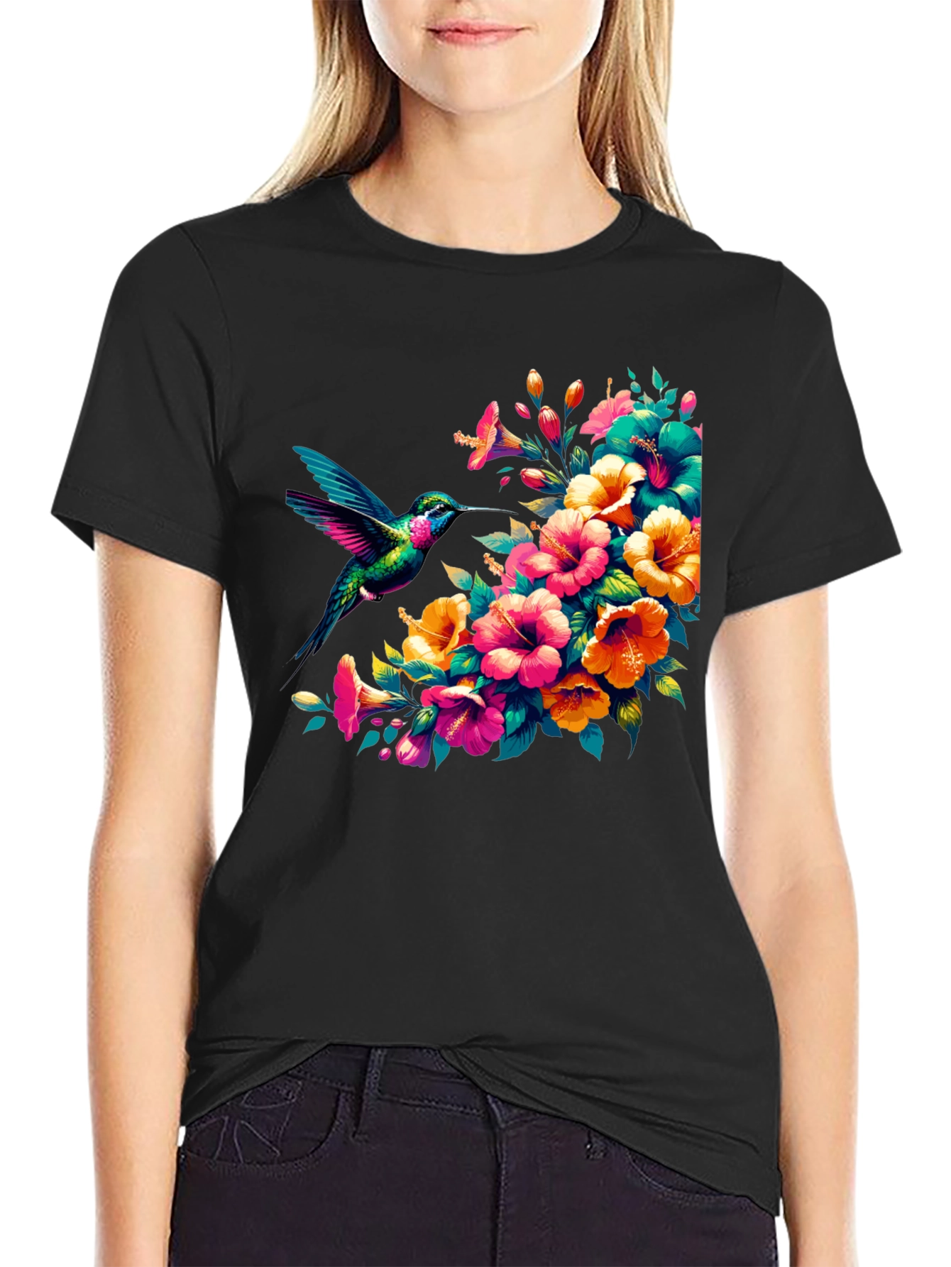 Hummingbird & Floral Graphic Tee - Vibrant Print