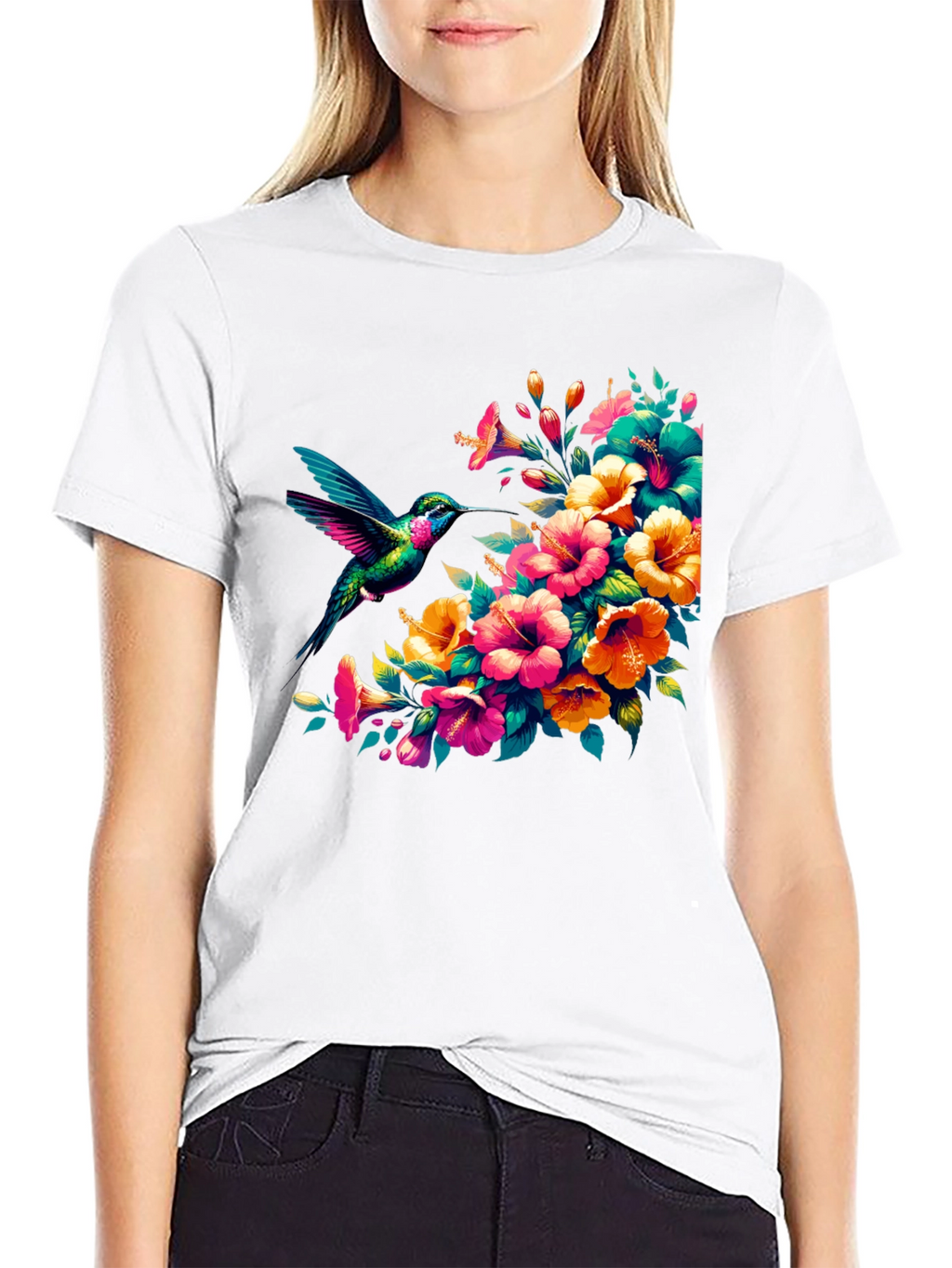 Hummingbird & Floral Graphic Tee - Vibrant Print