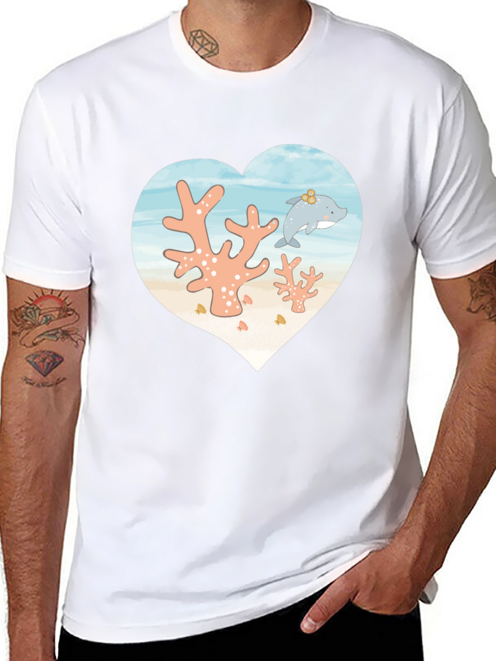 Heart Dolphin Coral Reef Graphic T-Shirt