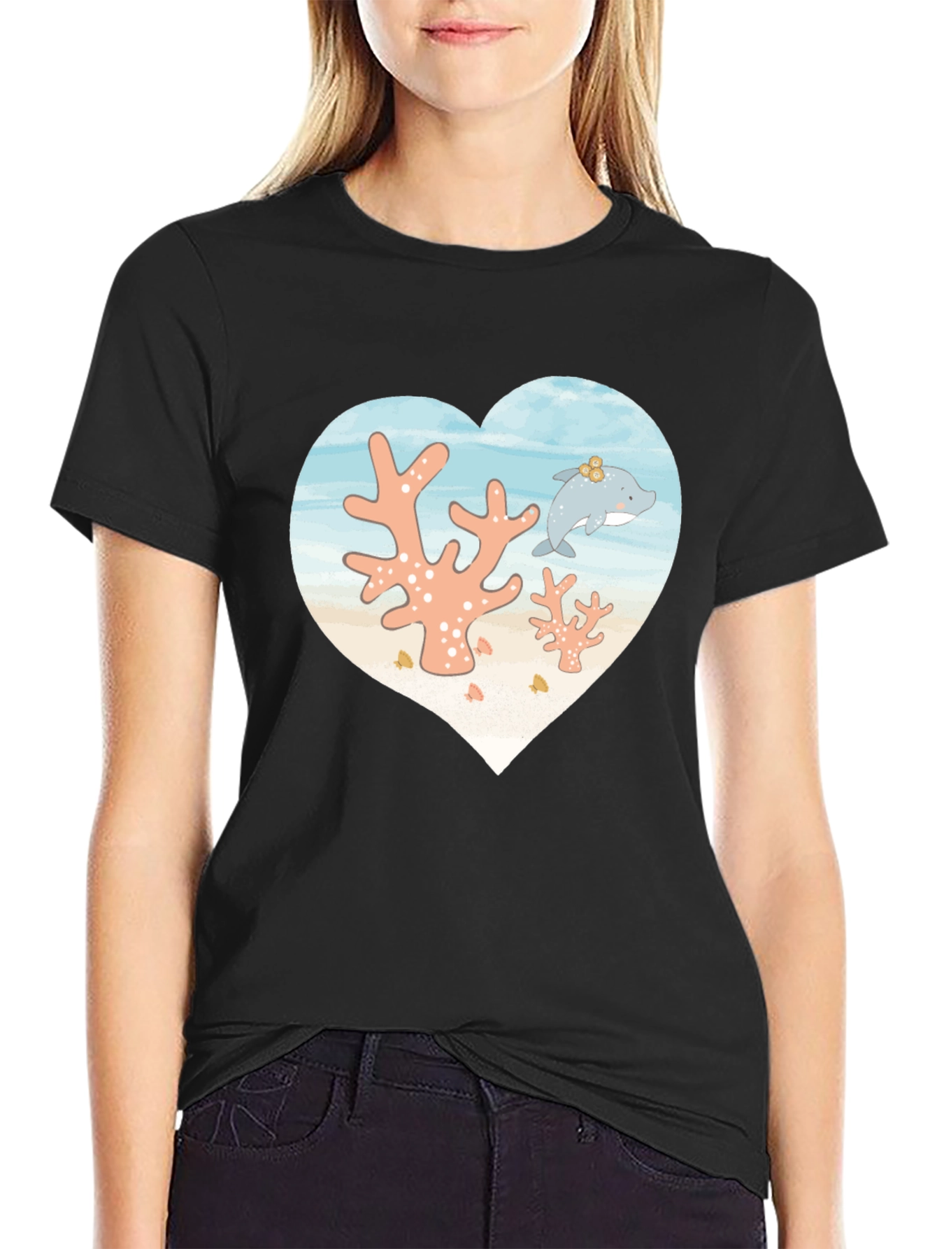 Heart Dolphin Coral Reef Graphic T-Shirt