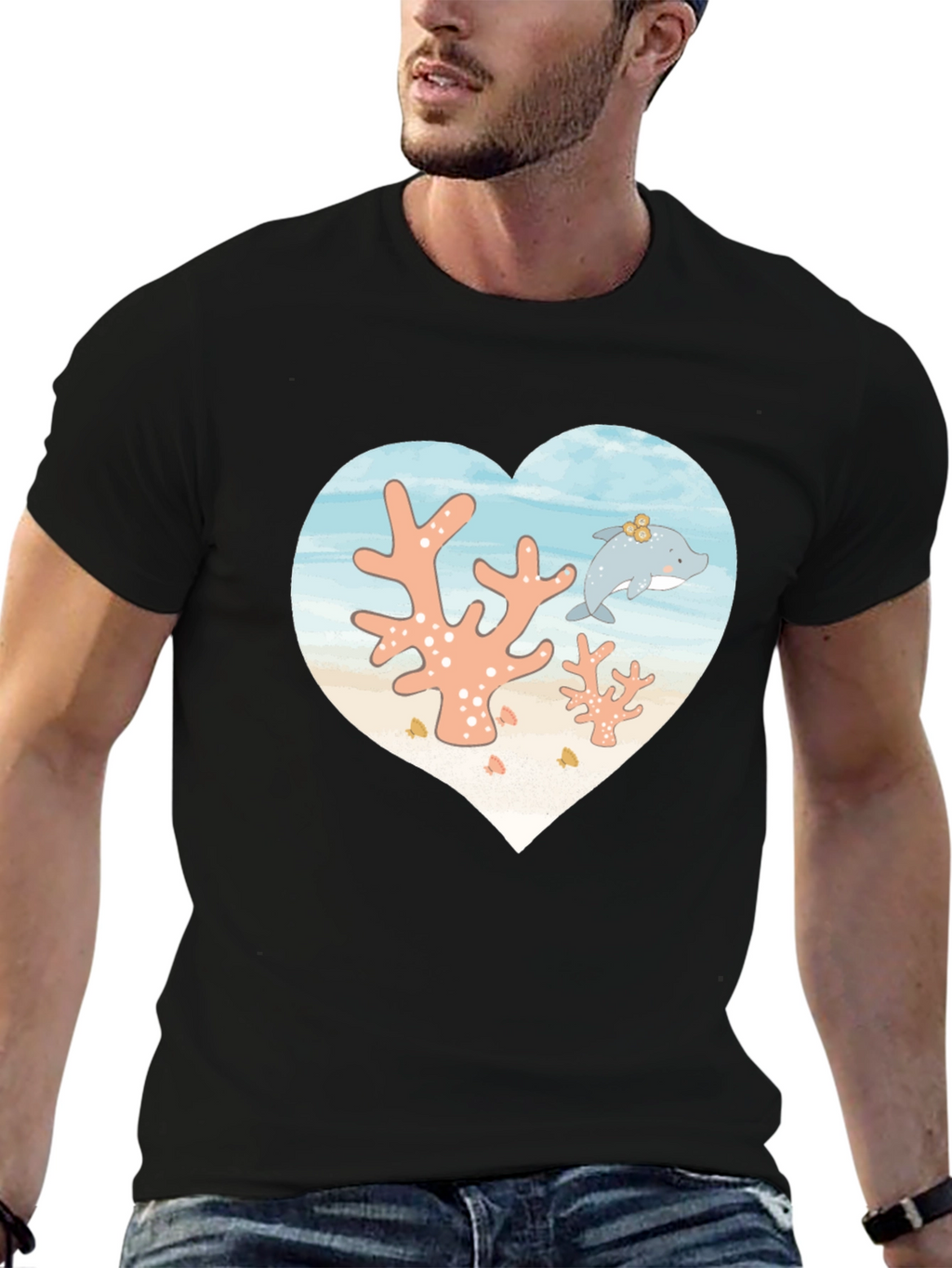 Heart Dolphin Coral Reef Graphic T-Shirt