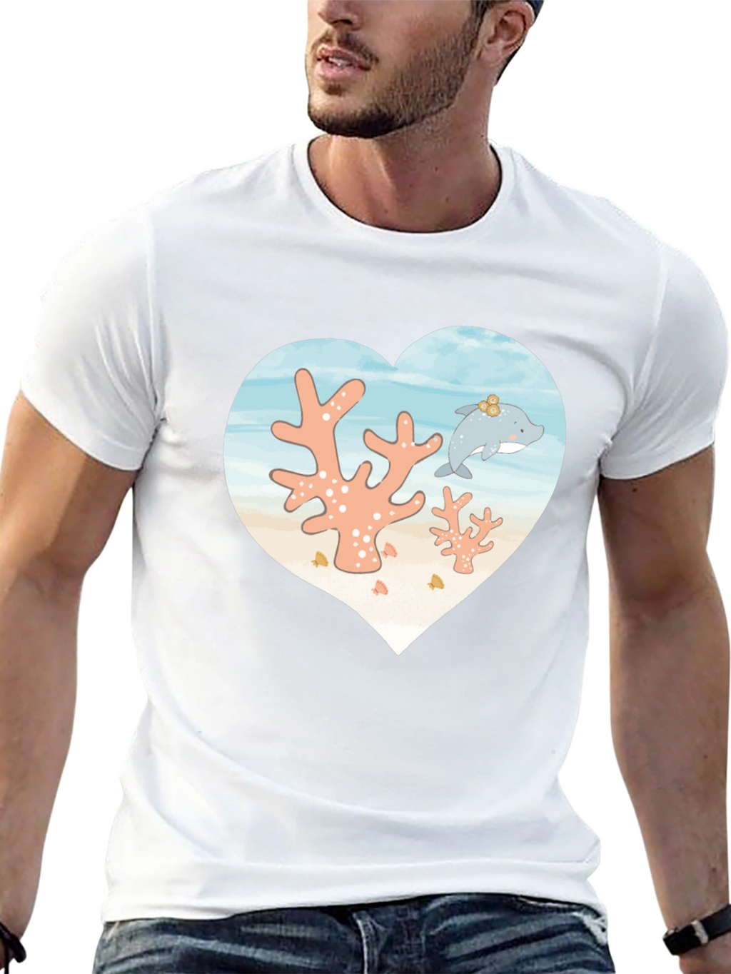 Heart Dolphin Coral Reef Graphic T-Shirt