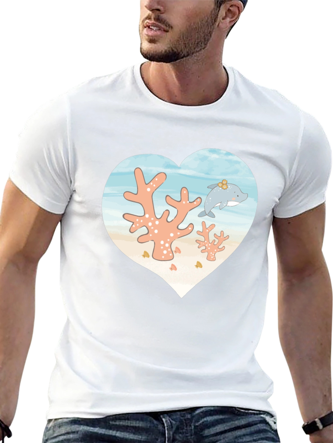 Heart Dolphin Coral Reef Graphic T-Shirt