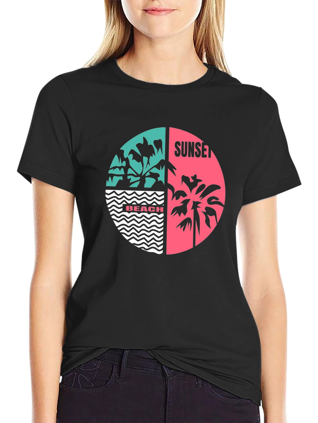 Retro Beach Sunset Graphic T-Shirt - Black
