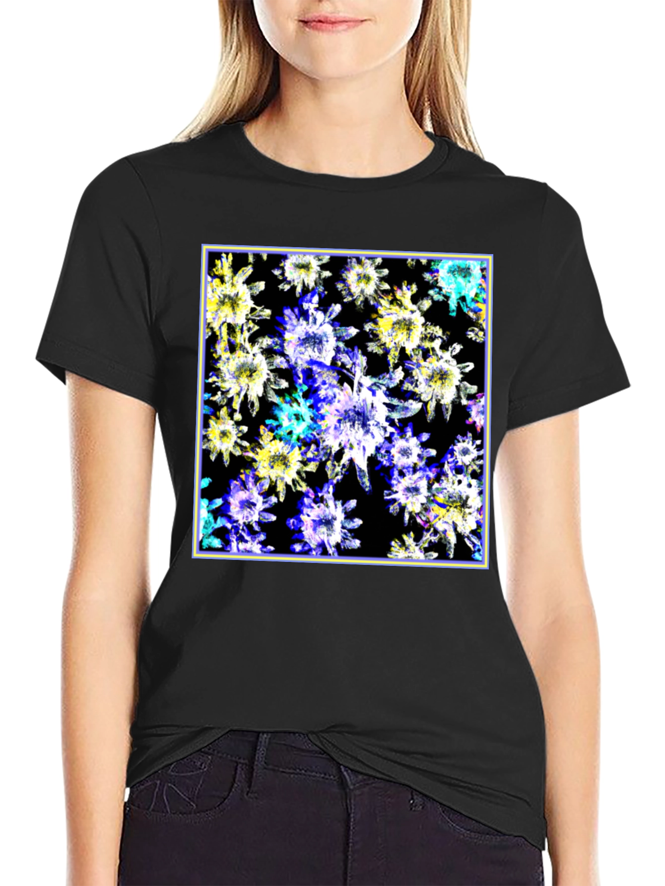 Abstract Floral Print Black T-Shirt