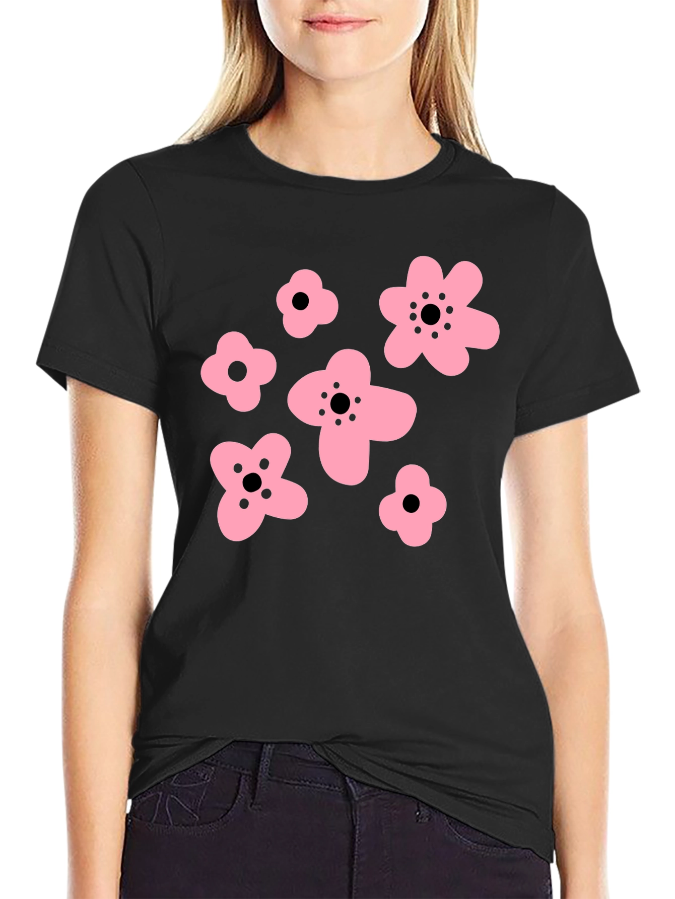 Pink Floral Graphic Black T-Shirt