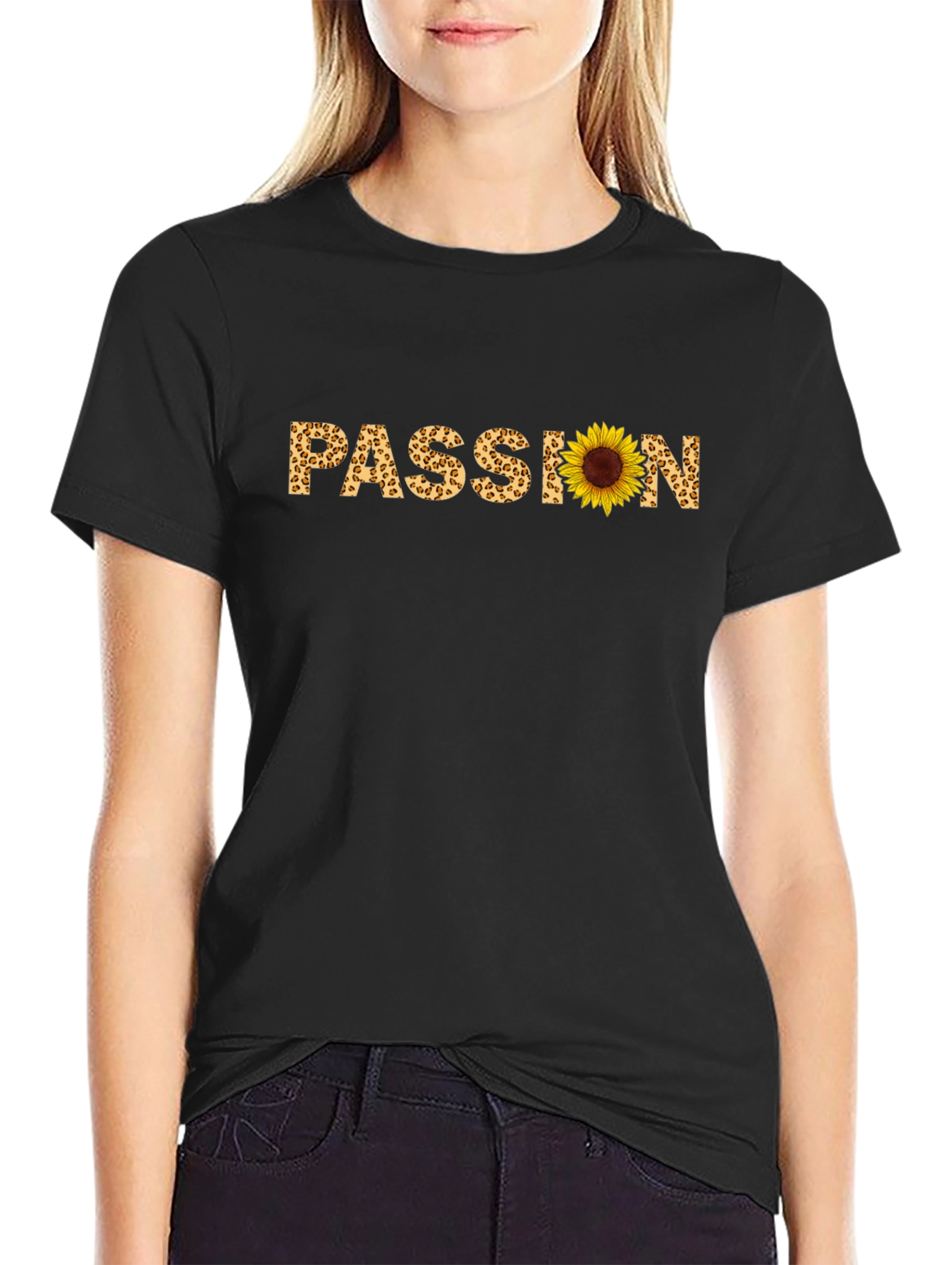 Passion Sunflower Leopard Print Black T-Shirt