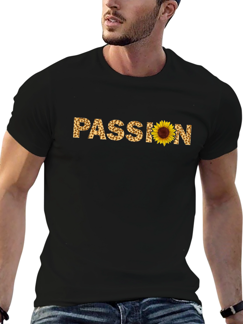 Passion Sunflower Leopard Print Black T-Shirt