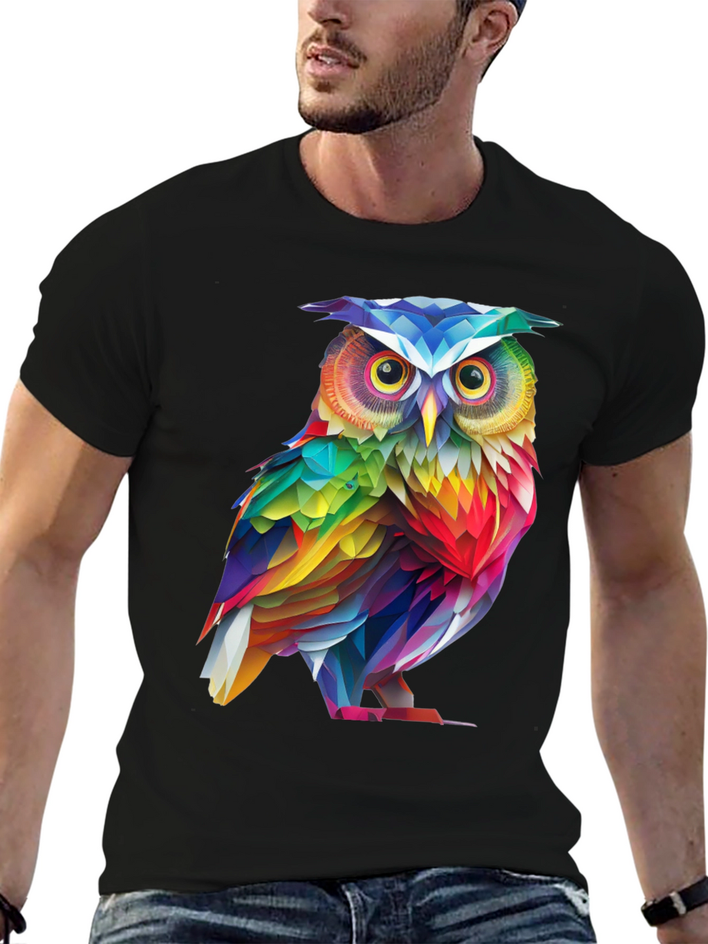 Rainbow Owl Graphic Tee - Mens Black T-Shirt