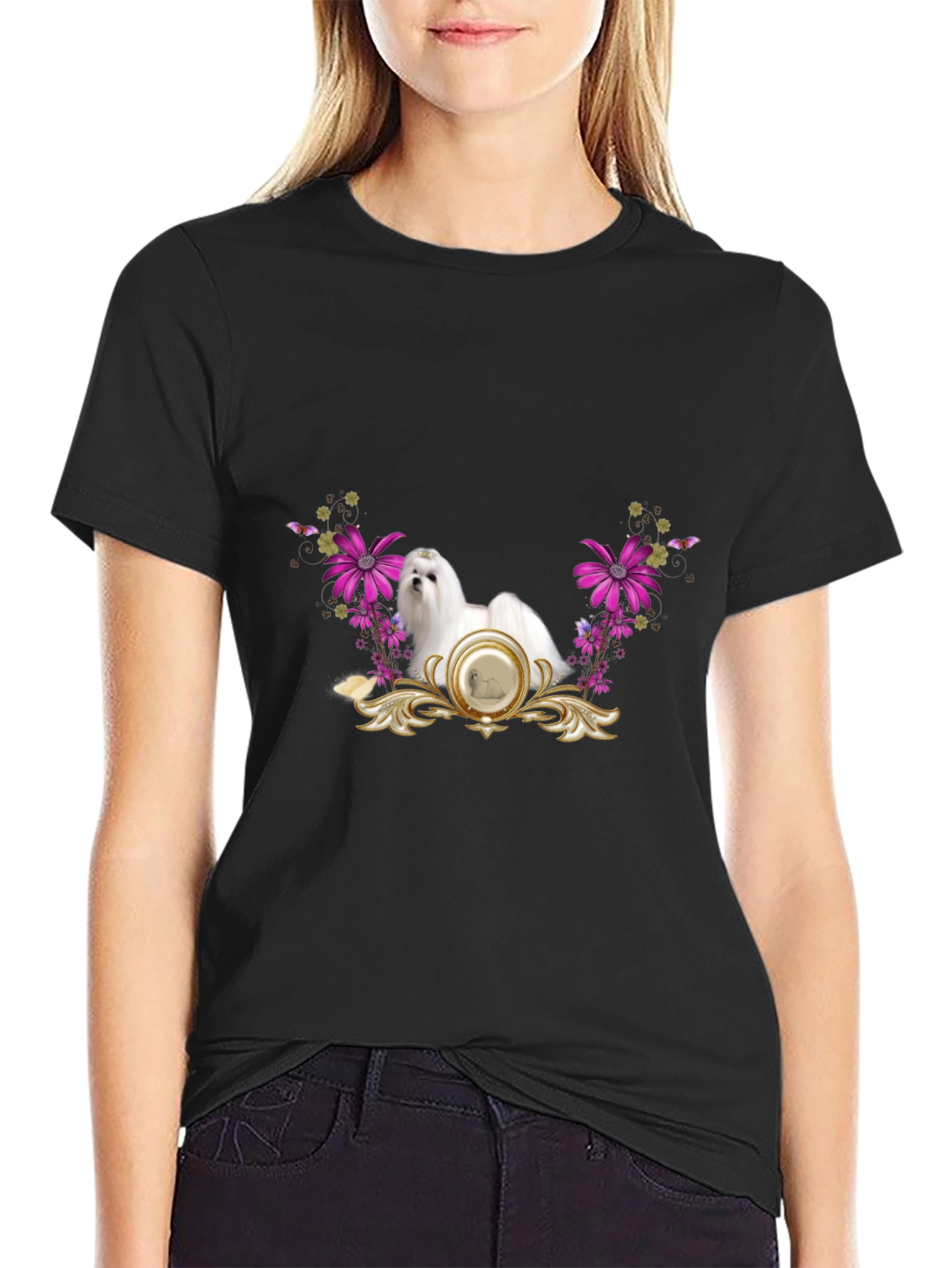 Elegant Maltese Floral T-Shirt – Stylish Dog Lover Tee