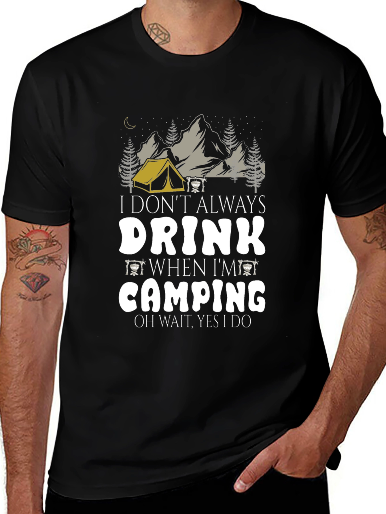 Camping Drink Humor Tee - Mens Black Graphic T-Shirt