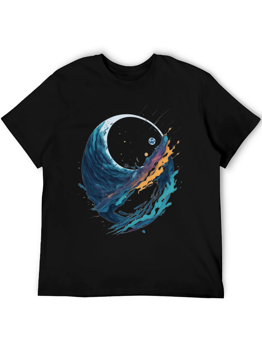 Abstract Wave Graphic Tee - Black Cotton Blend