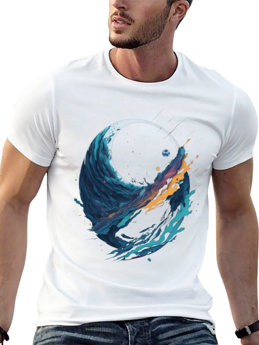 Abstract Wave Graphic Tee - Black Cotton Blend