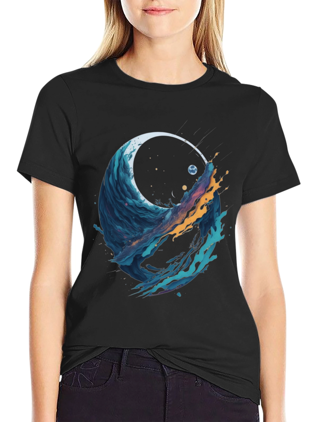 Abstract Wave Graphic Tee - Black Cotton Blend