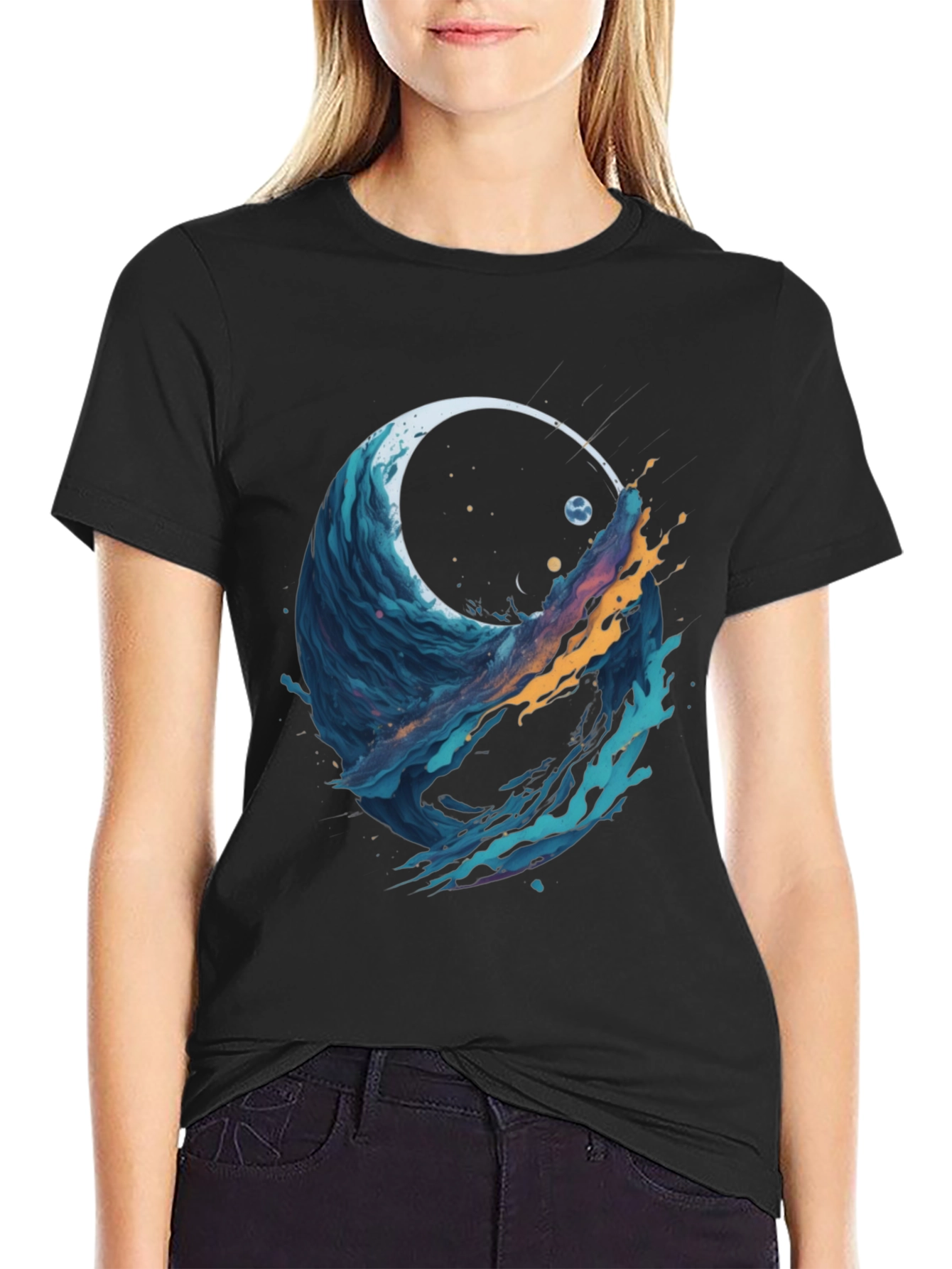 Abstract Wave Graphic Tee - Black Cotton Blend
